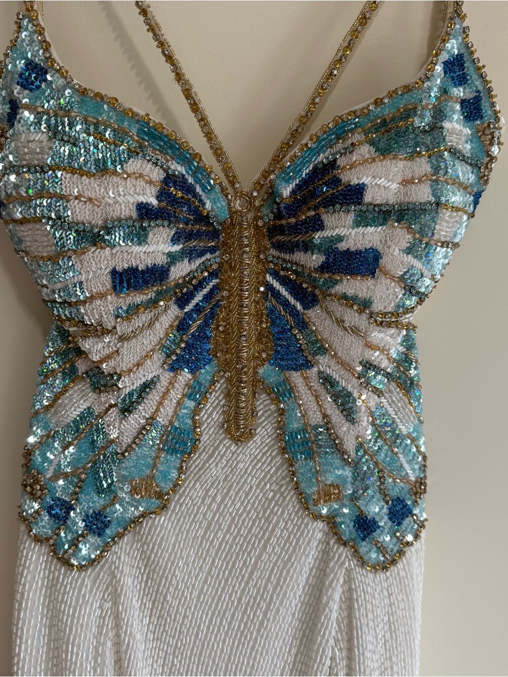 Sherri Hill White Mini Dress with Turquoise & Gold Butterfly Bodice - Picture 2 of 12